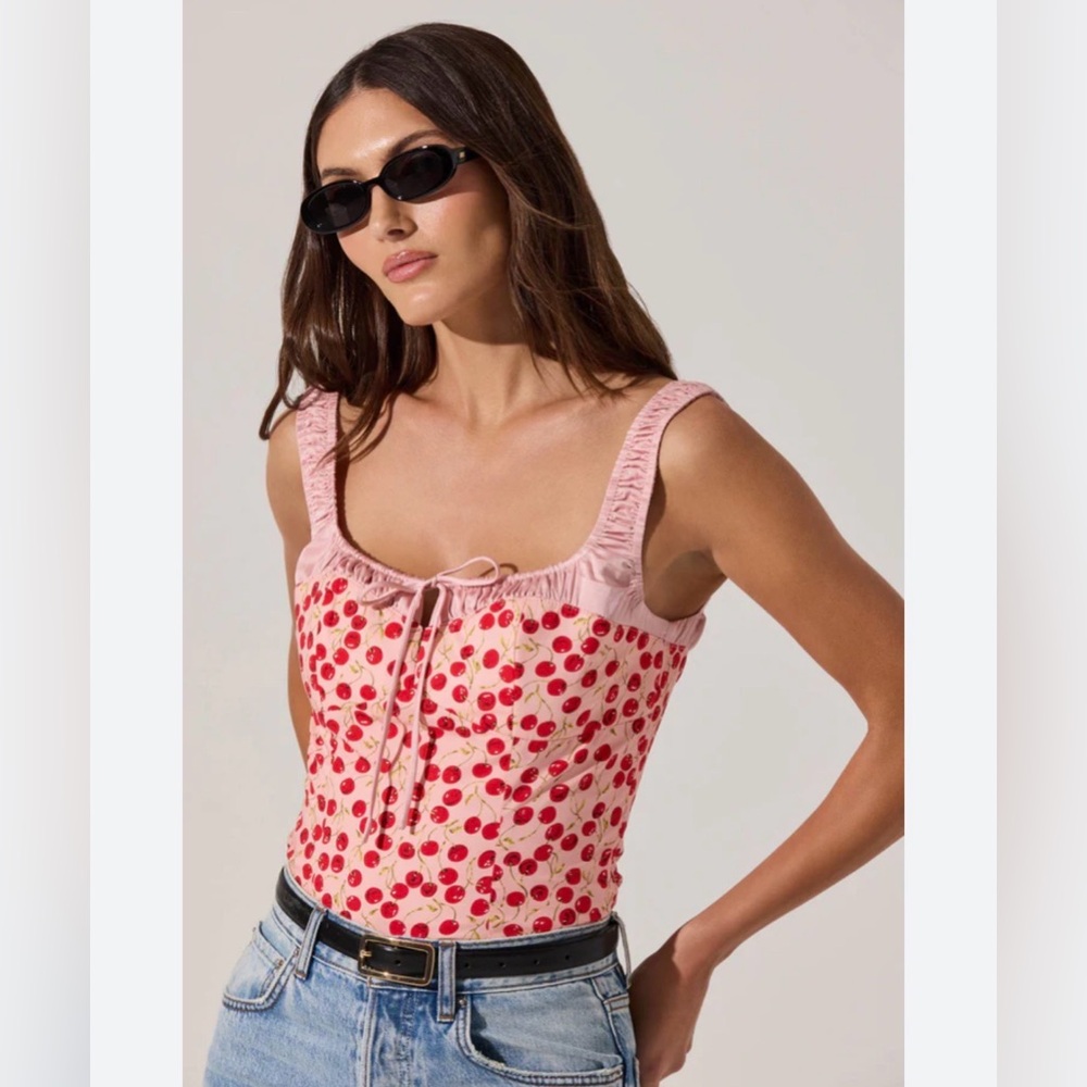 Astr Pink Cherry Print Square Neck Tank Top